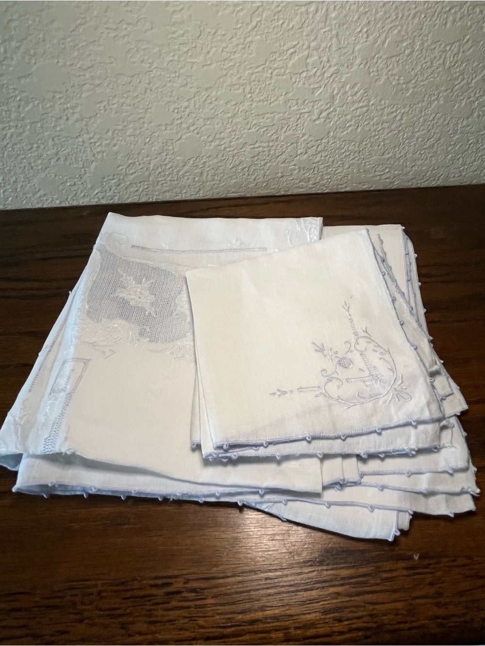 Vintage White Pale Blue Linen Tablecloth 32” Square with 4 Embroidered Napkins
